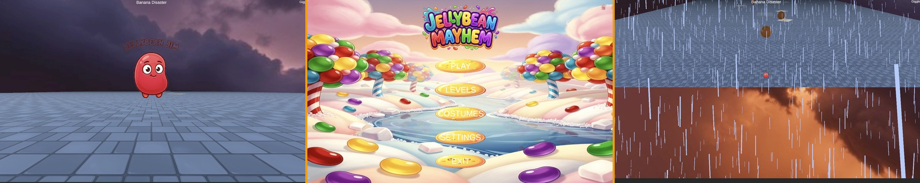 Jellybean Mayhem — Unity AI test: game scene, 2D menu, and rain VFX results