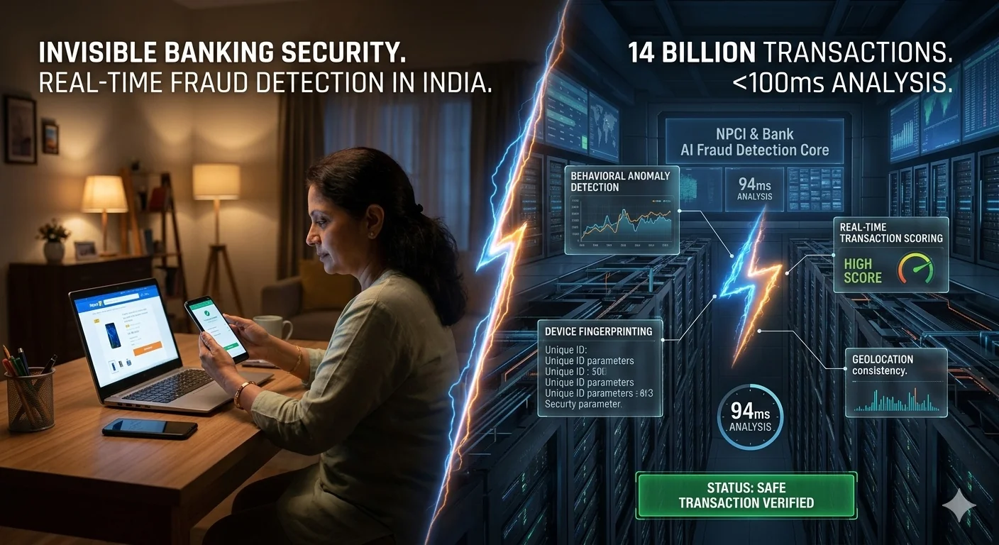 How Indian banks use AI to detect fraud — real-time transaction scoring, behavioral anomaly detection, device fingerprinting and ML models explained