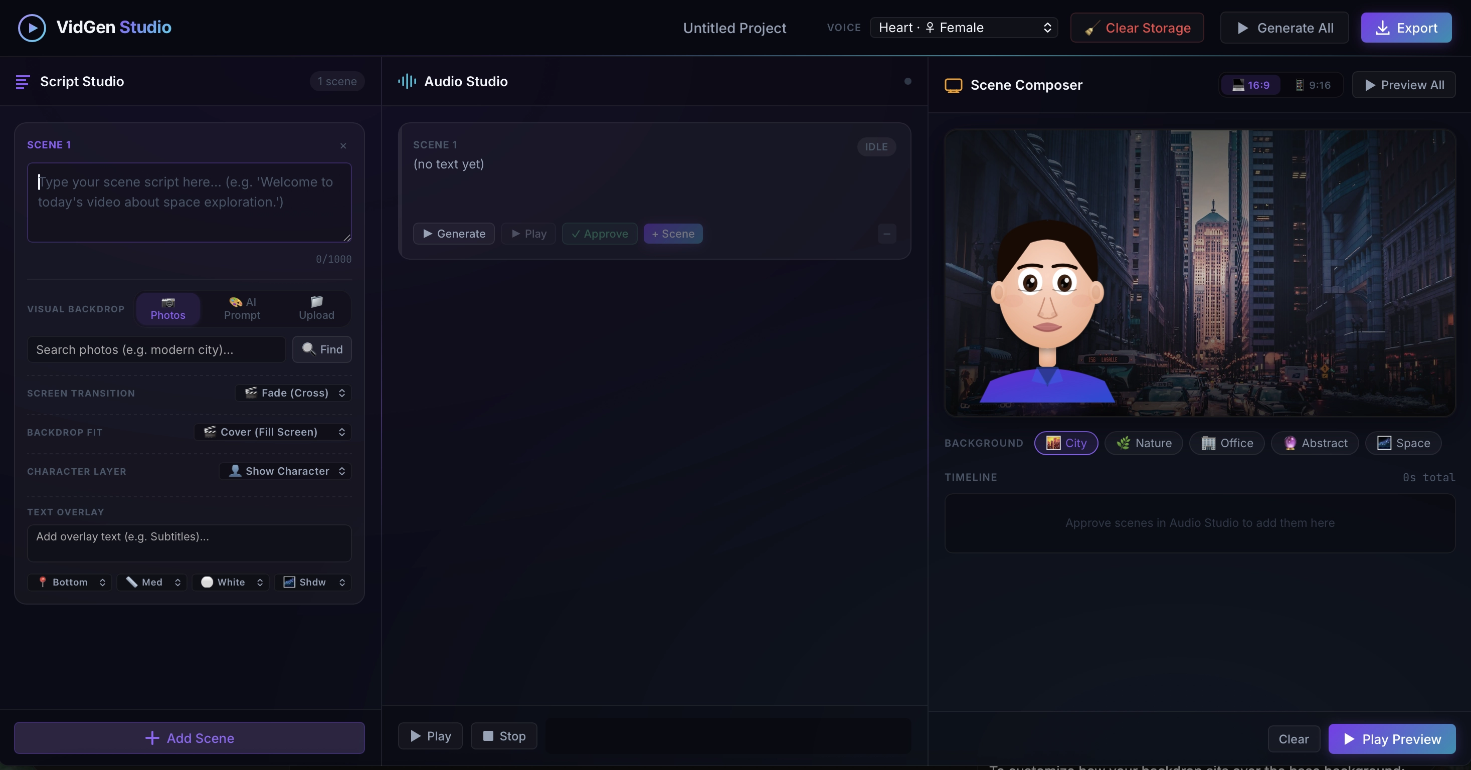 VidGen Studio — Built with Google Antigravity: Script Studio, Audio Studio, and Scene Composer panels