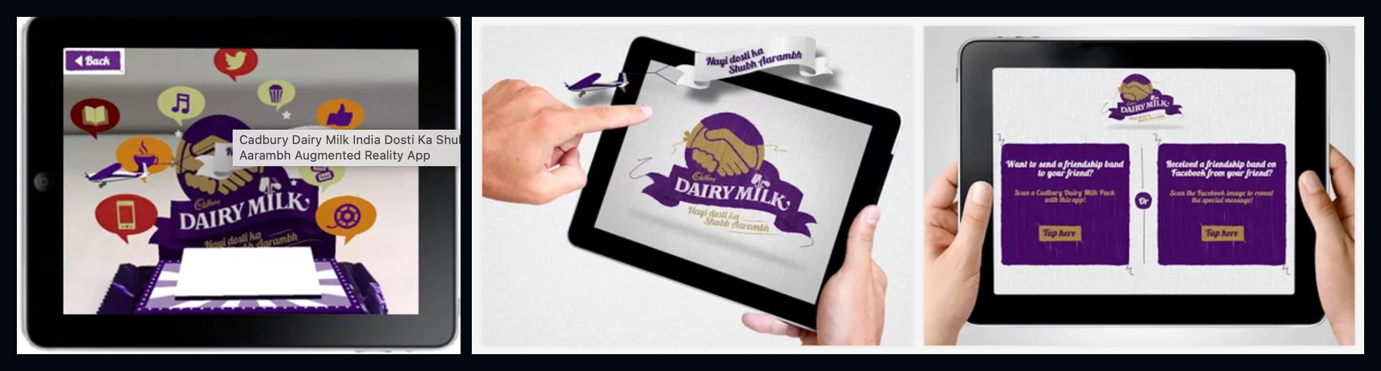 Cadbury Dairy Milk Dosti Ka Shubh Aarambh AR App — wrapper scanning and sender/receiver UI screens, iPad, 2013