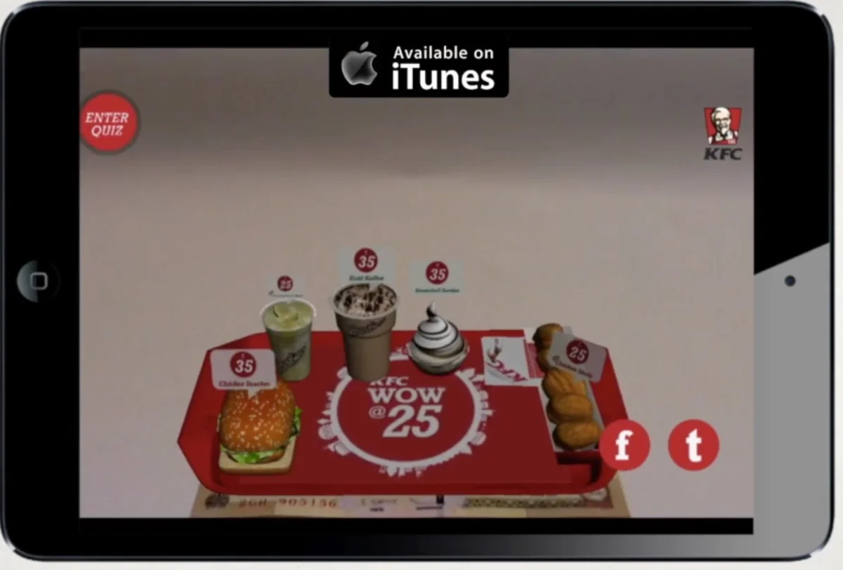 KFC WOW@25 AR Campaign — 3D KFC menu items rendered on a currency note via Vuforia AR, displayed on iPad, 2013