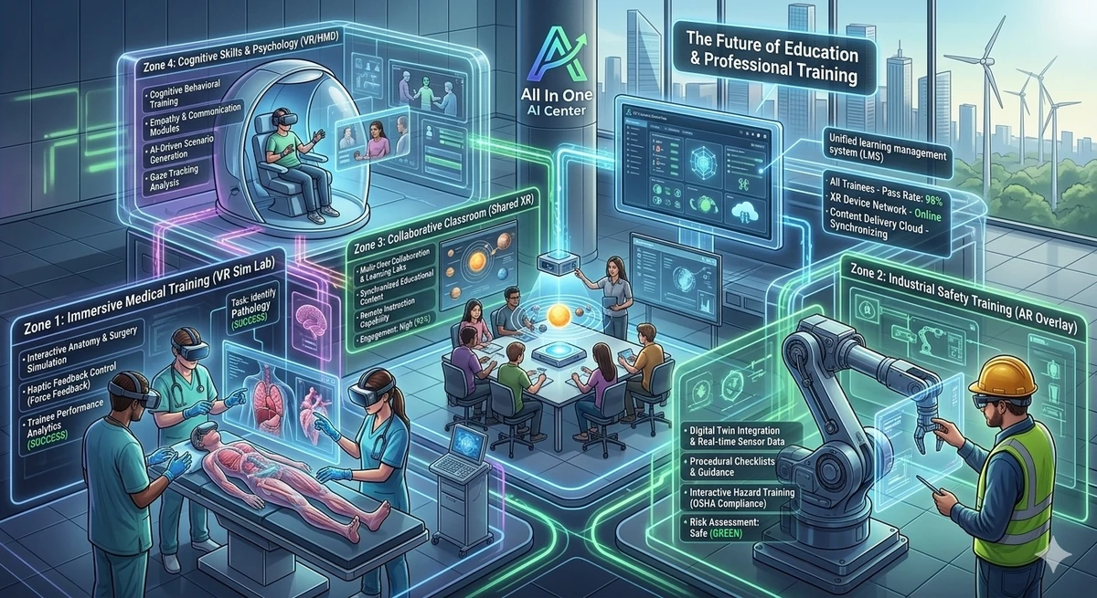 The Future of Education and Professional Training — XR zones showing immersive medical simulation, industrial safety AR overlay, collaborative classroom shared XR, and cognitive skills VR training