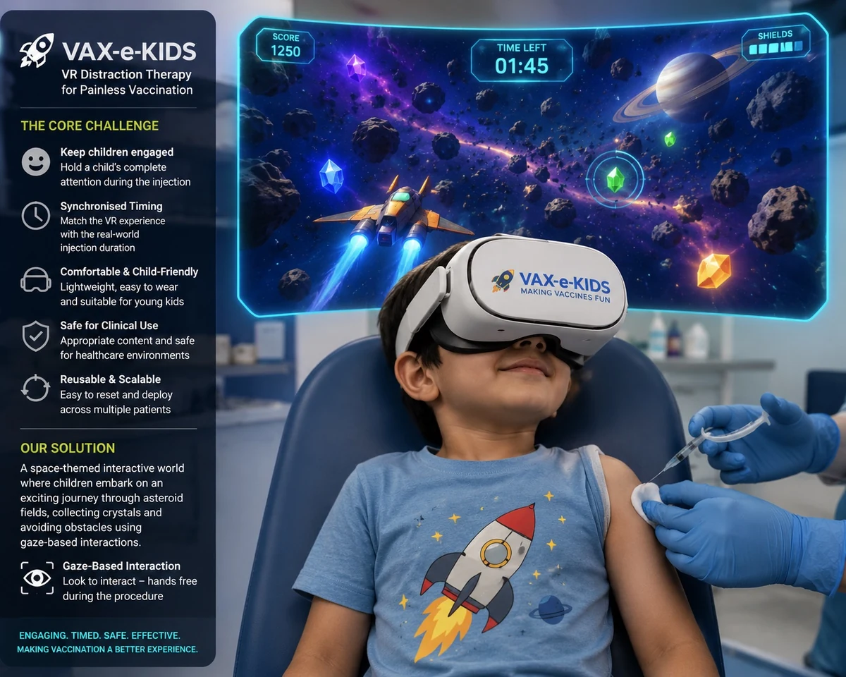 VAX-e-KIDS concept illustration — child wearing VR headset during vaccination, space-themed interactive game with gaze-based interaction, score and timer UI visible