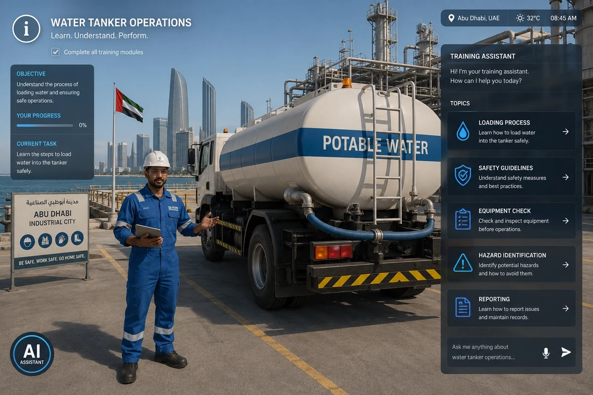 Concept illustration of a VR water tanker safety training simulation — AI training assistant panel, Abu Dhabi industrial setting, potable water tanker, safety inspector character