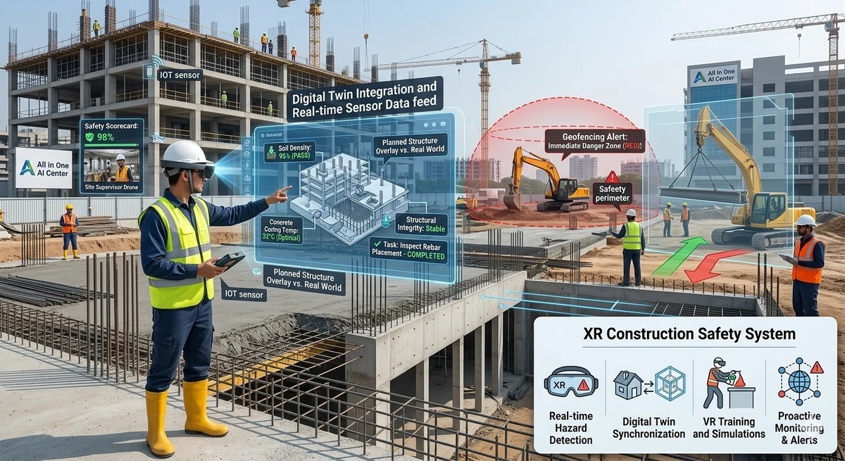 XR Construction Safety System concept — AR overlays showing digital twin integration, IoT sensor data, geofencing alerts, safety scorecard and real-time hazard detection on a construction site